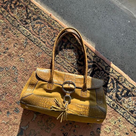 Adrienne Vittadini Women's Purse Yellow/Tan Suede Tortoise Shell Vintage Satchel - Picture 1 of 3
